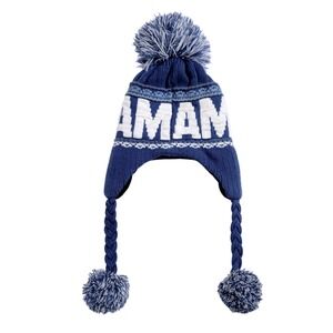 ROBIN RUTH AMSTERDAM SPELLOUT POM POM WINTER BEANIE FLEECE‎ LINED BLUE OFF WHITE